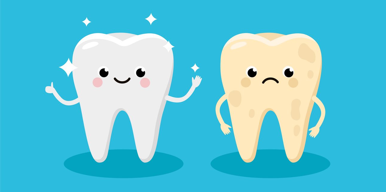 Illustration of one white tooth smiling and another discolored tooth frowning.